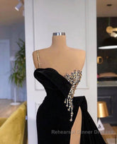Gorgeous Black Split Front One Shoulder Semi Formal Prom Dresses With Beading
